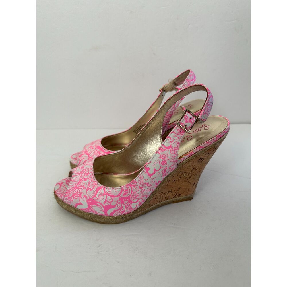 Lilly Pulitzer Pink and White Print Wedge Sandals - Picture 3 of 6